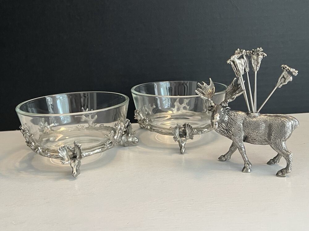 Stag Head Pewter Glass Bowl Cocktail Pick Holder & Picks 3pc Set Condiment Lodge